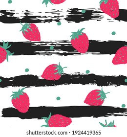 Vector seamless pattern with paint brush strawberry. Hand draw organic repeat food on striped background. Drawing print fashion textile. Illustration