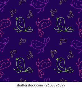 Vector seamless pattern with painted bird. Abstract illustration of wild nature. Contour background.