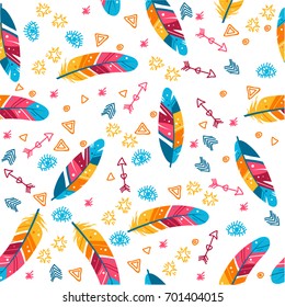 vector seamless pattern with painted bird feathers. Titled background. Colorful art for your design. Trendy boho style patterned elements