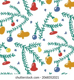 Vector seamless pattern with painted Christmas tree toys in the form of stars, cones, icicles, balls. Concept of the New Year, Christmas, decoration. Can be used in wrappers, fabric, wallpaper, etc.