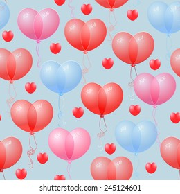 Vector seamless pattern with a pair of balloons and Valentine hearts on a light blue  background
