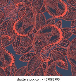 Vector seamless pattern with Paisley elements. Hand drawn illustration in bohemian and gipsy style for print, textile, fabric, wrapping and other seamless retro design. Red on dark color.