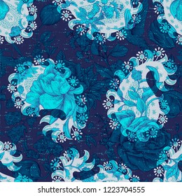 Vector seamless pattern with Paisley and flowers. Indian floral wallpaper
