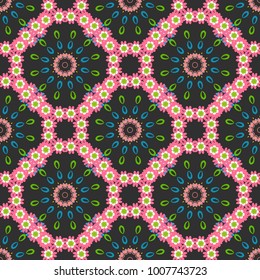 Vector seamless pattern. Paisley and Mandalas. Gray, white and pink wallpaper. Indian floral backdrop.