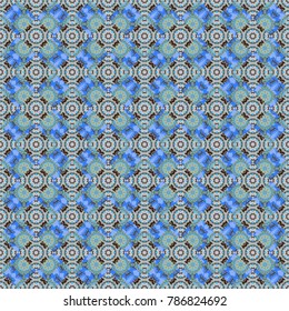 Vector seamless pattern. Paisley and Mandalas. Blue, gray and green wallpaper. Indian floral backdrop.