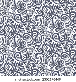 vector seamless pattern with paisley ornament, boho chic design in black and white, fashion background