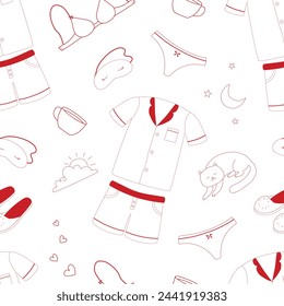 Vector patrón sin fisuras con pijama y conjunto de lencería, zapatos para dormir en casa, máscara para dormir, gato, sujetador y bragas.