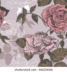 Vector seamless pattern with the pale color roses in vintage style. Illustration drawn with a pencil.
