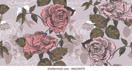 Vector seamless pattern with the pale color roses in vintage style. Illustration drawn with a pencil.
