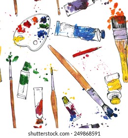 vector seamless pattern with palette,  tubes of paint, brushes and stains, hand drawn  illustration