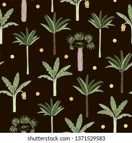 Vector seamless pattern of palm and banana trees with golden confetti on black background. Summer or spring repeat vintage tropical backdrop. Exotic jungle ornament