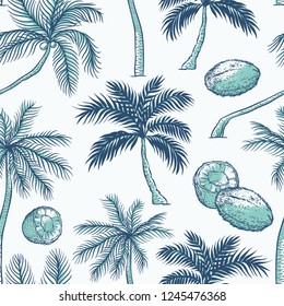 Vector seamless pattern of palm. Different kinds of tropical palmtrees and coconut. Contour sketch background monochrome turquoise isolated on white background.