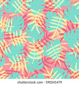 Vector seamless pattern of palm leafes. Tropical color background. Textile fabric print