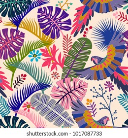 Vector seamless pattern with palm leaves and parrots. Vector tropical wallpaper. Bright botanical backdrop. Decorative jungle pattern. Design for wallpaper, cover, fabric, textile