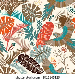 Vector seamless pattern with palm leaves and parrots. Vector tropical wallpaper. Bright colorful botanical backdrop