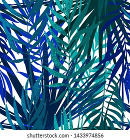 Vector seamless pattern. Palm leaves minimalistic wallpaper. Hand drawn tropical background.
