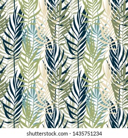 Vector seamless pattern. Palm leaves minimalistic wallpaper. Hand drawn tropical background mute colors.