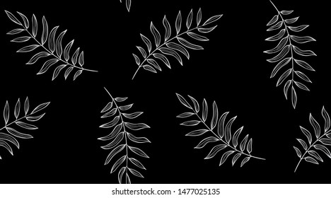 Vector Seamless pattern with palm leaves in vector black background.