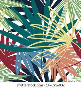 Vector seamless pattern. Palm leaves wallpaper. Hand drawn tropical background.