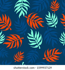 Vector seamless pattern with palm leaves on a dark background. Lush lava, aqua-ment, classic blue trendy colors of 2020. Suitable for printing, packaging, fabric.
