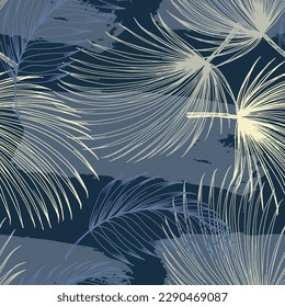 Vector seamless pattern with palm leaves. Hand drawn tropical repeat ornament of blossoms in sketch style. Usable for wrapping paper, covers, textile.