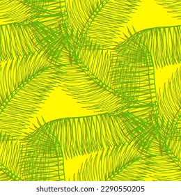 Vector seamless pattern with palm leaves. Hand drawn tropical repeat ornament of blossoms in sketch style. Usable for wrapping paper, covers, textile.