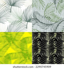 Vector seamless pattern with palm leaves. Hand drawn tropical repeat ornament of blossoms in sketch style. Usable for wrapping paper, covers, textile.