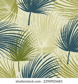 Vector seamless pattern with palm leaves. Hand drawn tropical repeat ornament of blossoms in sketch style. Usable for wrapping paper, covers, textile.