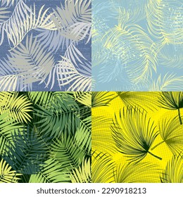 Vector seamless pattern with palm leaves. Hand drawn tropical repeat ornament of blossoms in sketch style. Usable for wrapping paper, covers, textile.