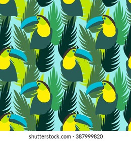 Vector seamless pattern with palm leaves and parrots. Tropical background