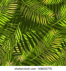 Vector seamless pattern with palm leaves. Design for fashion textile summer print, wrapping paper, web backgrounds.  Hand drawn tropical palm leaves background. Green jungle summer backdrop.
