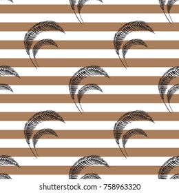 Vector seamless pattern. Palm leaves black hand drawing. Tropical with ornate isolated on a striped golden background.