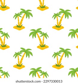 Vector seamless pattern with palm tree in flat design. Two palm trees on the beach. Summer tropical background with coconut tree. Pattern with exotic landscape with palm trees.