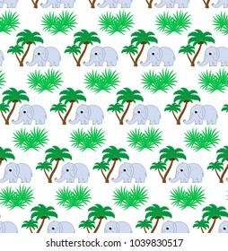 Vector seamless pattern with palm trees and elephant. Modern design for the fabric.