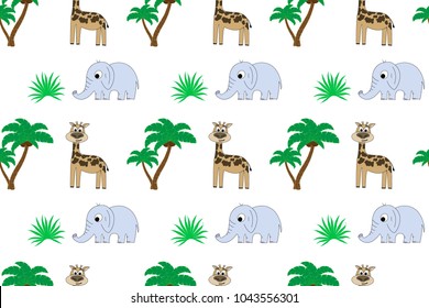 Vector seamless pattern with palm trees, giraffe and elephant. Modern design for the fabric.