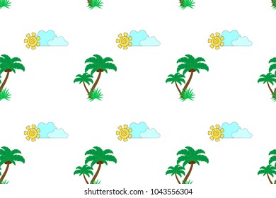 Vector seamless pattern with palm trees, sun and clouds. Modern design for the fabric.