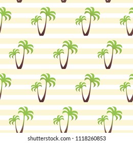 Vector seamless pattern with palm trees on striped backdrop. Cute summer background. Colorful wallpaper for yoga club. For textile and fabric, cover, print on clothes.