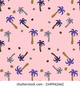 Vector seamless pattern with palm trees and coconuts on a pink background.
