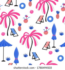 Vector seamless pattern with palm trees, pineapples, coconut cocktails, sun loungers, inflatable rings, balls, beach umbrellas on white. Summertime and vacation. Pink, coral and blue colors.