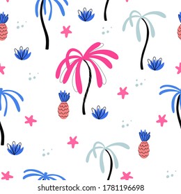 Vector seamless pattern with palm trees, pineapples and starfish on white. Summertime and vacation. Pink, coral and blue colors. Great for fabrics, wrapping papers, wallpapers, covers.