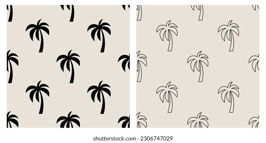 Vector Seamless Pattern with Palm Trees, Palm Tree Design Template, Print. Palm Silhouettes. Tropical, Vacation, Beach, Summer Concept. Vector Illustration. Front View