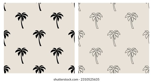 Vector Seamless Pattern with Palm Trees, Palm Tree Design Template, Print. Palm Silhouettes. Tropical, Vacation, Beach, Summer Concept. Vector Illustration. Front View