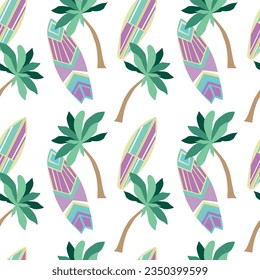 Vector seamless pattern. Palm trees, surfboards on a white background. Beach holidays, sports. Design for wrapping paper, theme for girls.