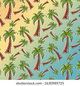 Vector seamless pattern with palm trees on a warm gradient background from yellow to blue. Suitable for packaging, fabric, decoration, and summer-themed design.
