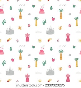 Vector seamless pattern with palm,mountains,rock,sun, egg, cactus,comet