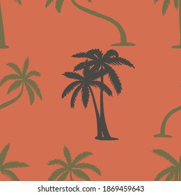 Vector seamless pattern with palms on an orange background. Green palms.