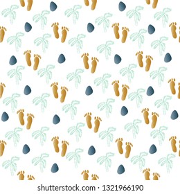Vector seamless pattern with palms,footprints and stones