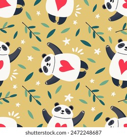 vector seamless pattern of panda bear, cute cartoon panda 