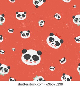 Vector seamless pattern: panda bear faces on a grunge red background. Pandas heads or faces with different emotions. Great for textile, fabric, cloth prints, wallpapers or wrapping template. 