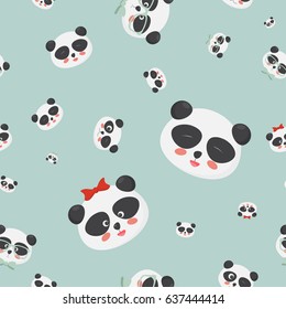 Vector seamless pattern: panda bear faces on a light blue background, pandas with different emotions. Great for preschool textile, fabric, nursery cloth prints, wallpapers or wrapping template. 